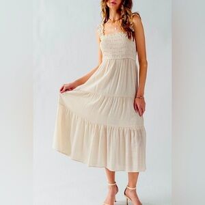 Love Tree Smocked Bodice Midi Dress in Beige. Size Small